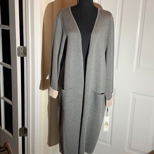 Calvin Klein Gray Open Front Long Knit Cardigan w/Contrast Color